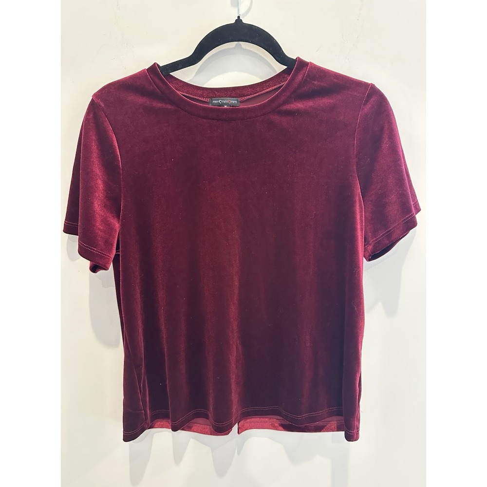 Women's Burgundy Velvet Short Sleeve Crop Top Size M Back Kick Pleat Slit